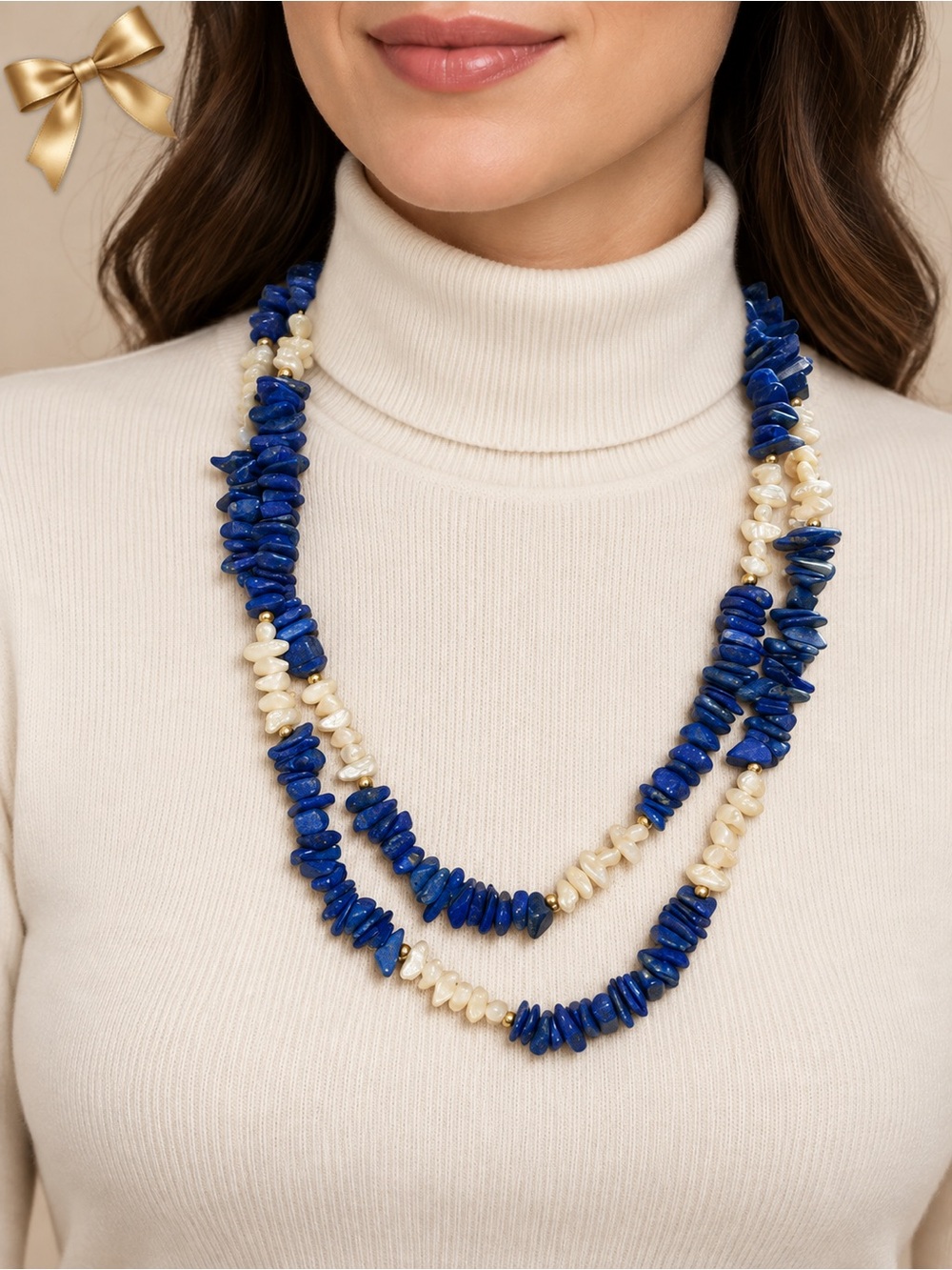 Blue Stone Ivory Shell Chip Long Single Strand Necklace